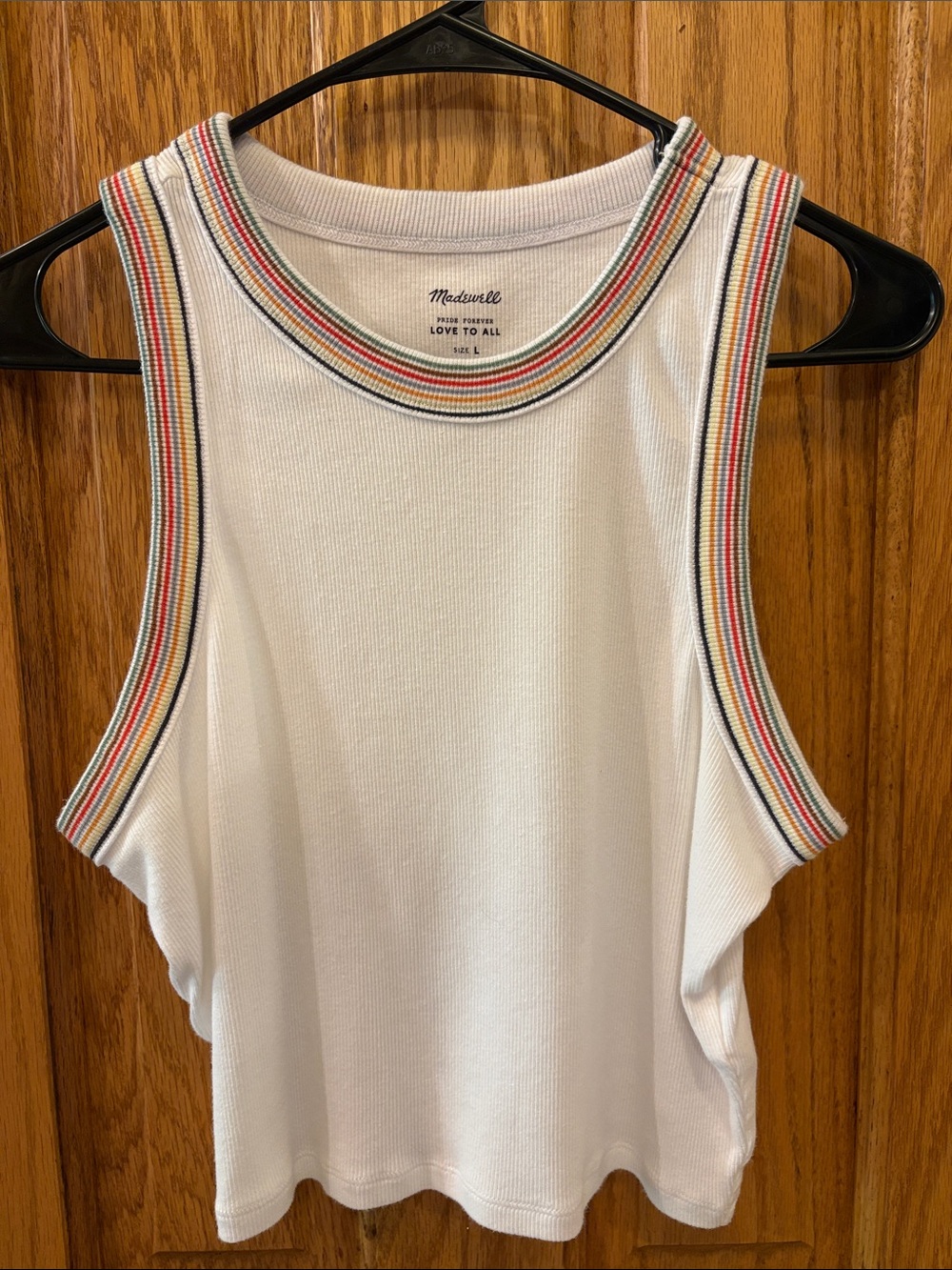 Madewell White Ribbed Tank with Rainbow-Striped Trim